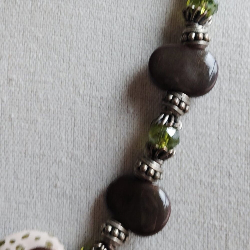 Artisan Beaded Necklace Green Faceted Stones, Glossy Brown Beads & Silver Accent - Picture 3 of 9